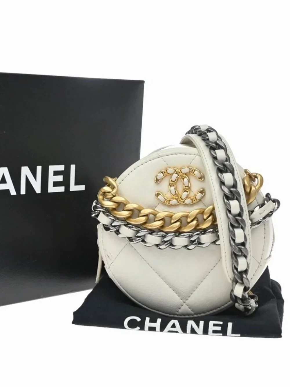 CHANEL CC Matelasse Round Mini Chain Shoulder Bag White Silver Gold